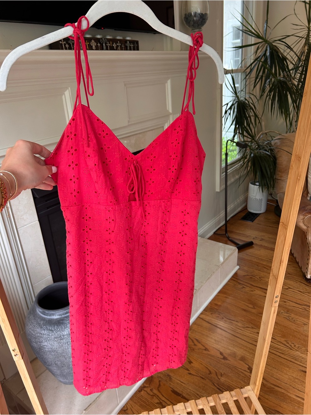 *can’t ship until 05/16* Lulu's Hot Pink Eyelet Tie-Shoulder Sundress